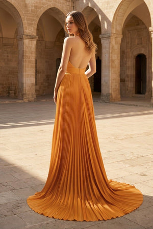 A - Line Halter Backless Pleated Blue Chiffon Long Prom Dresses - KissProm