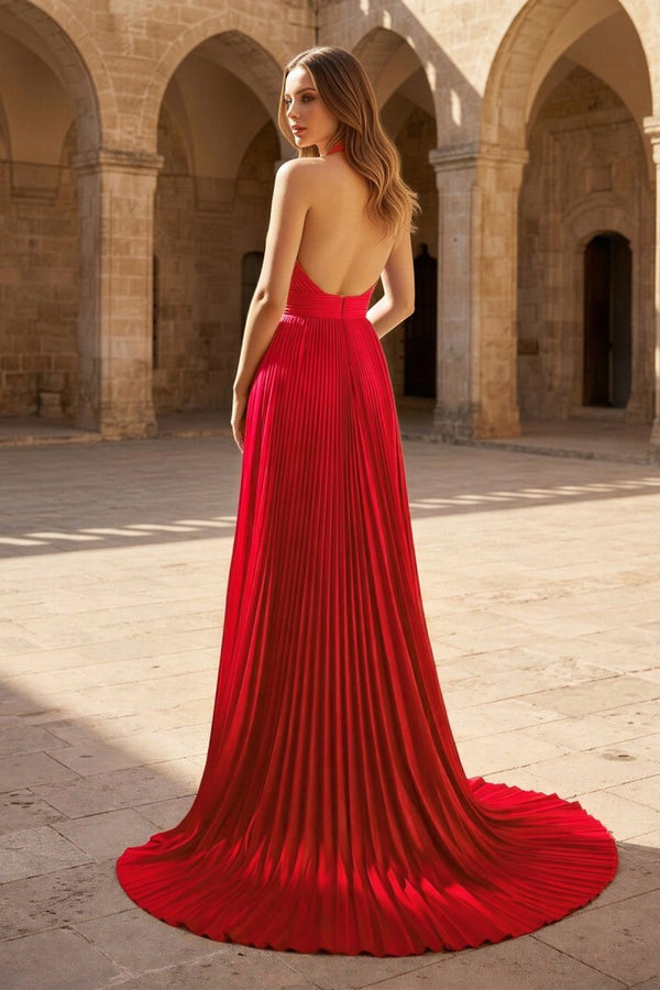 A - Line Halter Backless Pleated Blue Chiffon Long Prom Dresses - KissProm