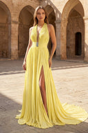 A - Line Halter Backless Pleated Blue Chiffon Long Prom Dresses - KissProm
