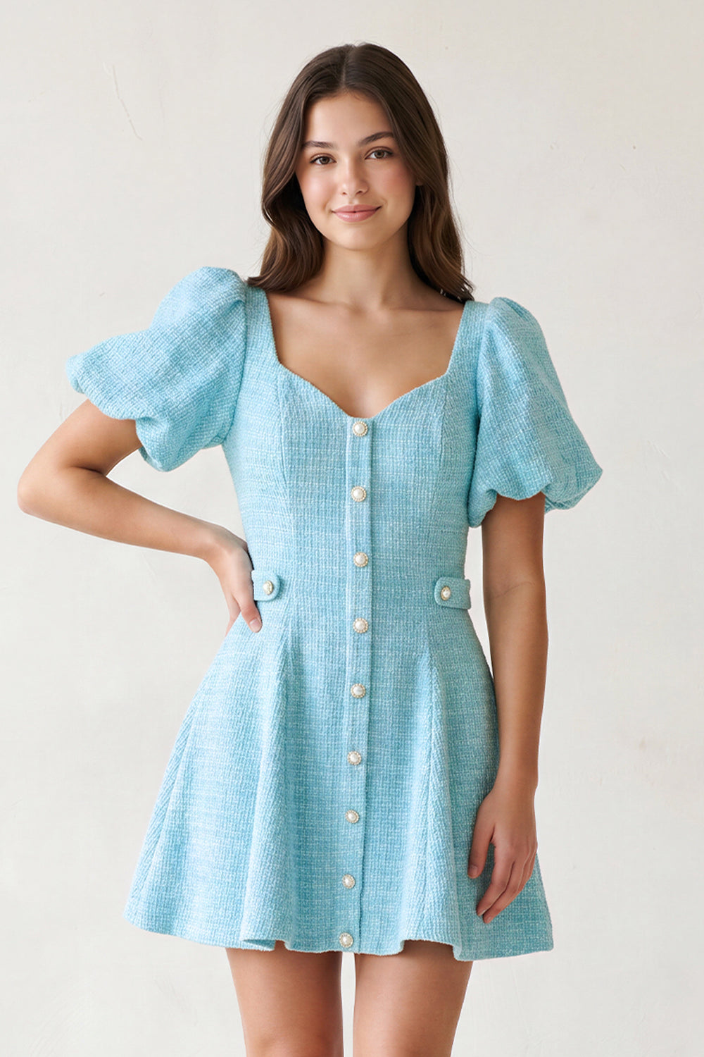 Blue A Line V Neck Textured Tweed Homecoming Dresses with Puffed Sleeves - KISSPROM