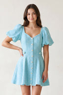 Blue A Line V Neck Textured Tweed Homecoming Dresses with Puffed Sleeves - KISSPROM