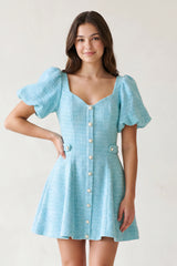 Blue A Line V Neck Textured Tweed Homecoming Dresses with Puffed Sleeves - KISSPROM