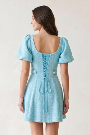 Blue A Line V Neck Textured Tweed Homecoming Dresses with Puffed Sleeves - KISSPROM