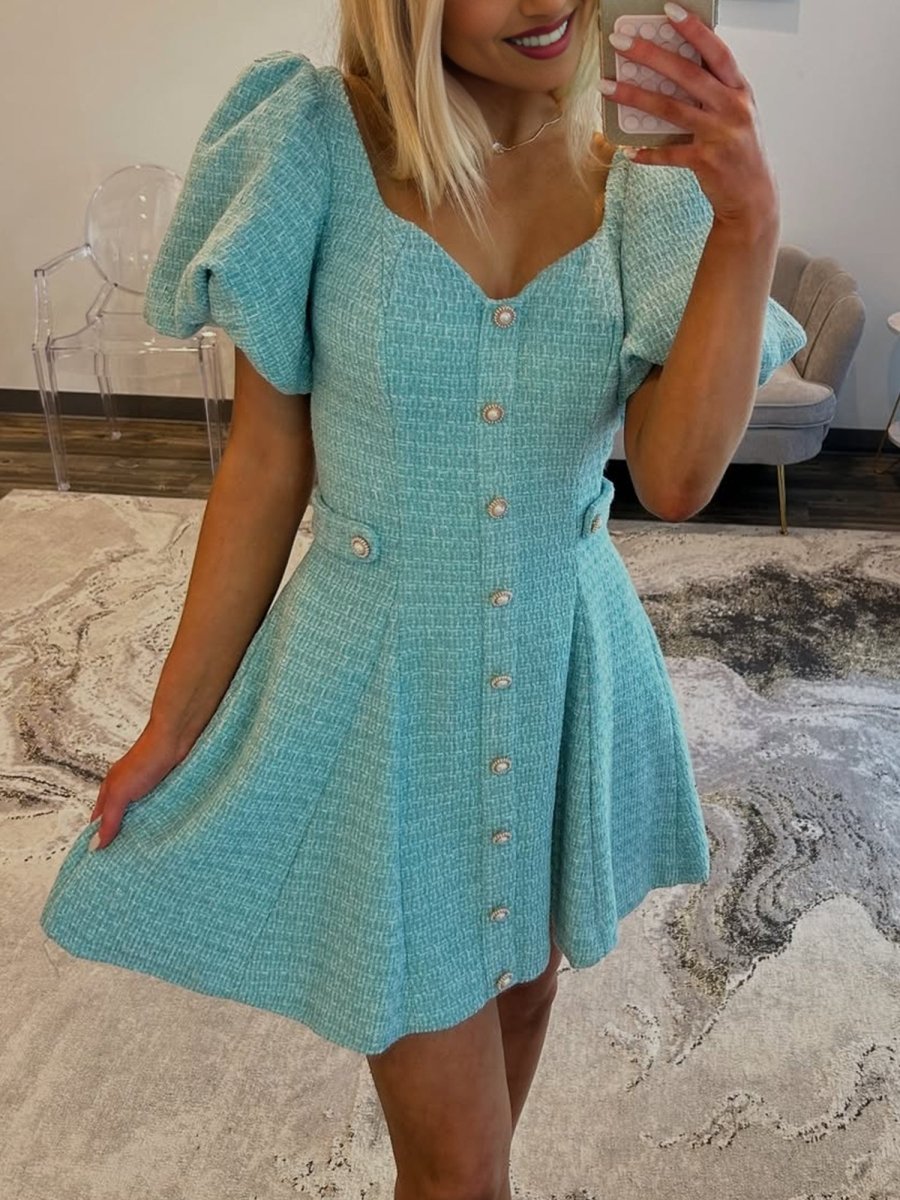 Idony | Blue - A Line V Neck Textured Tweed Homecoming Dresses with Puffed Sleeves