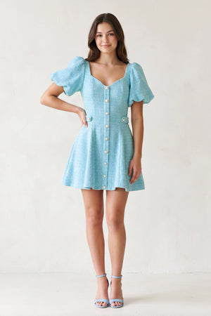 Blue A Line V Neck Textured Tweed Homecoming Dresses with Puffed Sleeves - KISSPROM