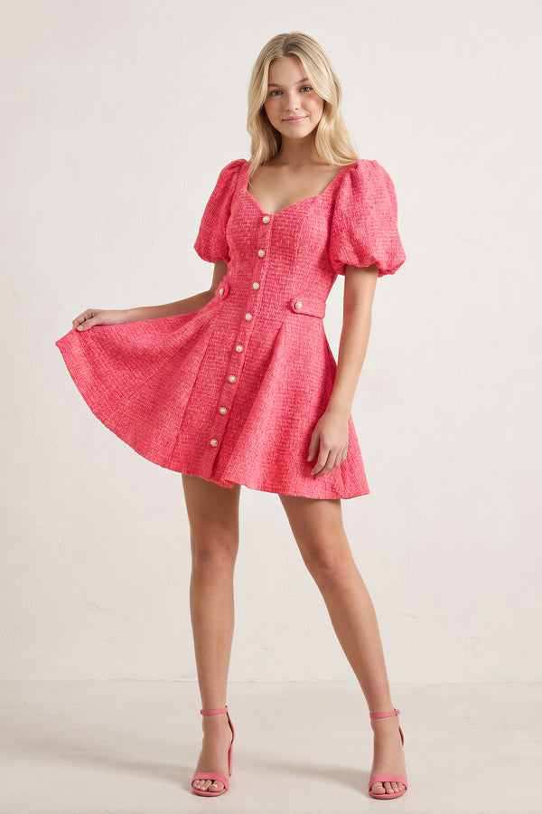 Coral Pink A Line V Neck Textured Tweed Homecoming Dresses with Puffed Sleeves - KISSPROM