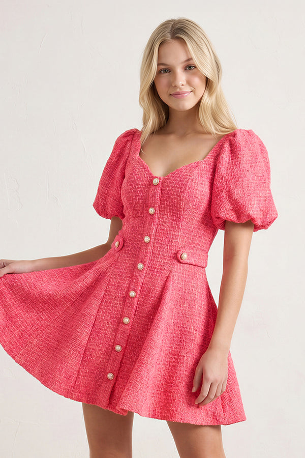 Coral Pink A Line V Neck Textured Tweed Homecoming Dresses with Puffed Sleeves - KISSPROM