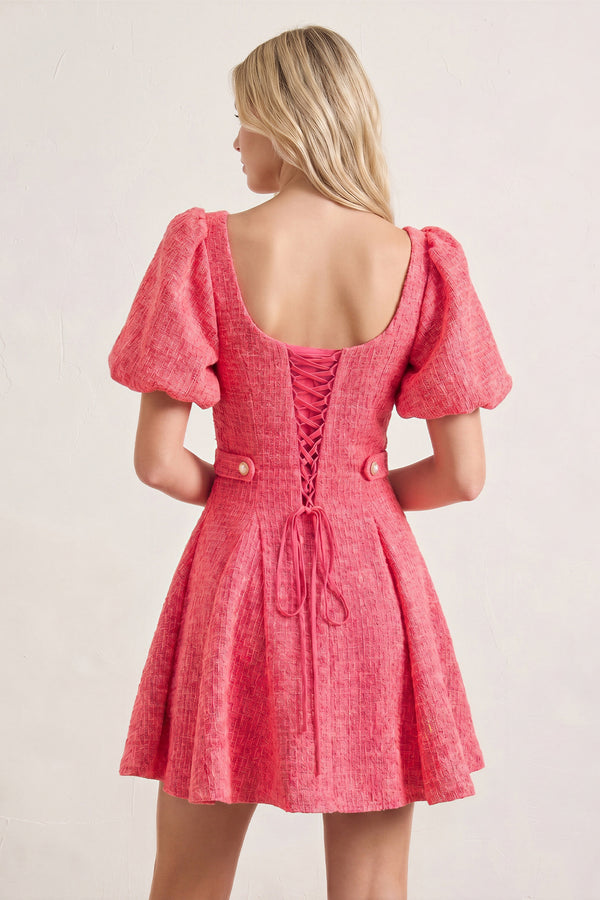 Coral Pink A Line V Neck Textured Tweed Homecoming Dresses with Puffed Sleeves - KISSPROM