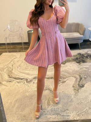 Pink Dress With Poofy Sleeves Pink A Line V Neck Textured Tweed Homecoming  Dresses With Puffed Sleeves Pink