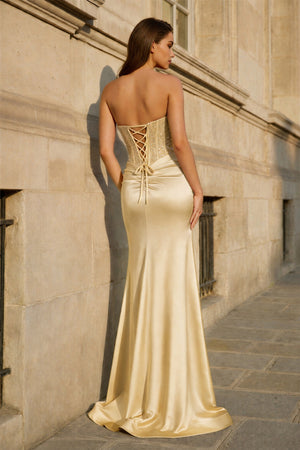 KissProm-Champagne Beaded Strapless Applique Formal Dress with Slit