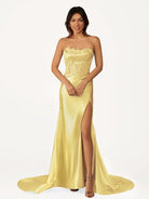 Idra | Emerald Green Beaded Strapless Applique Formal Dress with Slit