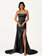 Idra | Emerald Green Beaded Strapless Applique Formal Dress with Slit