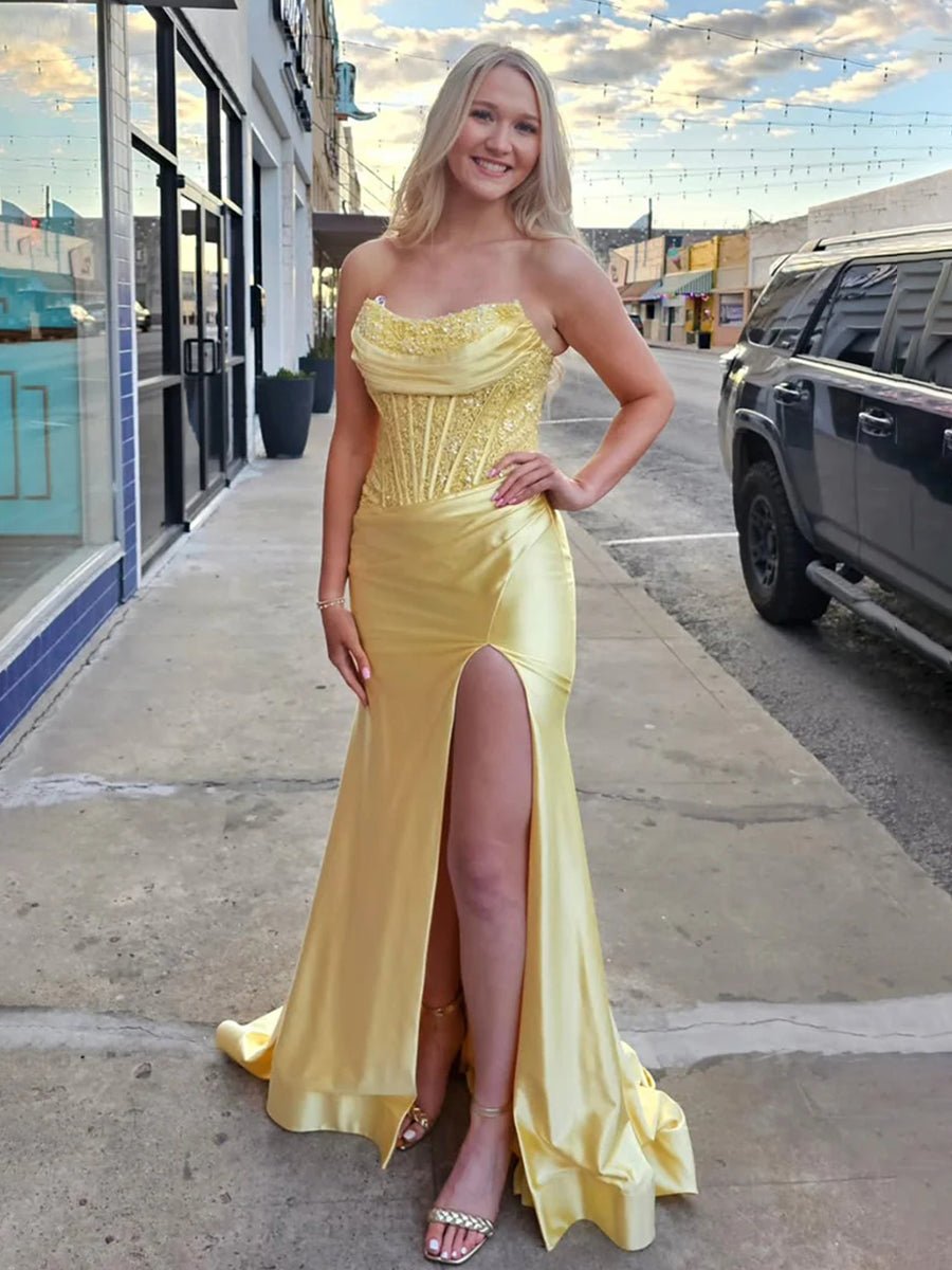 Idra | Emerald Green Beaded Strapless Applique Formal Dress with Slit