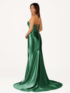 Idra | Emerald Green Beaded Strapless Applique Formal Dress with Slit