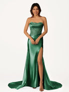 Idra | Emerald Green Beaded Strapless Applique Formal Dress with Slit