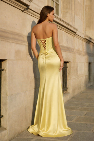 KissProm-Yellow Beaded Strapless Applique Formal Dress with Slit