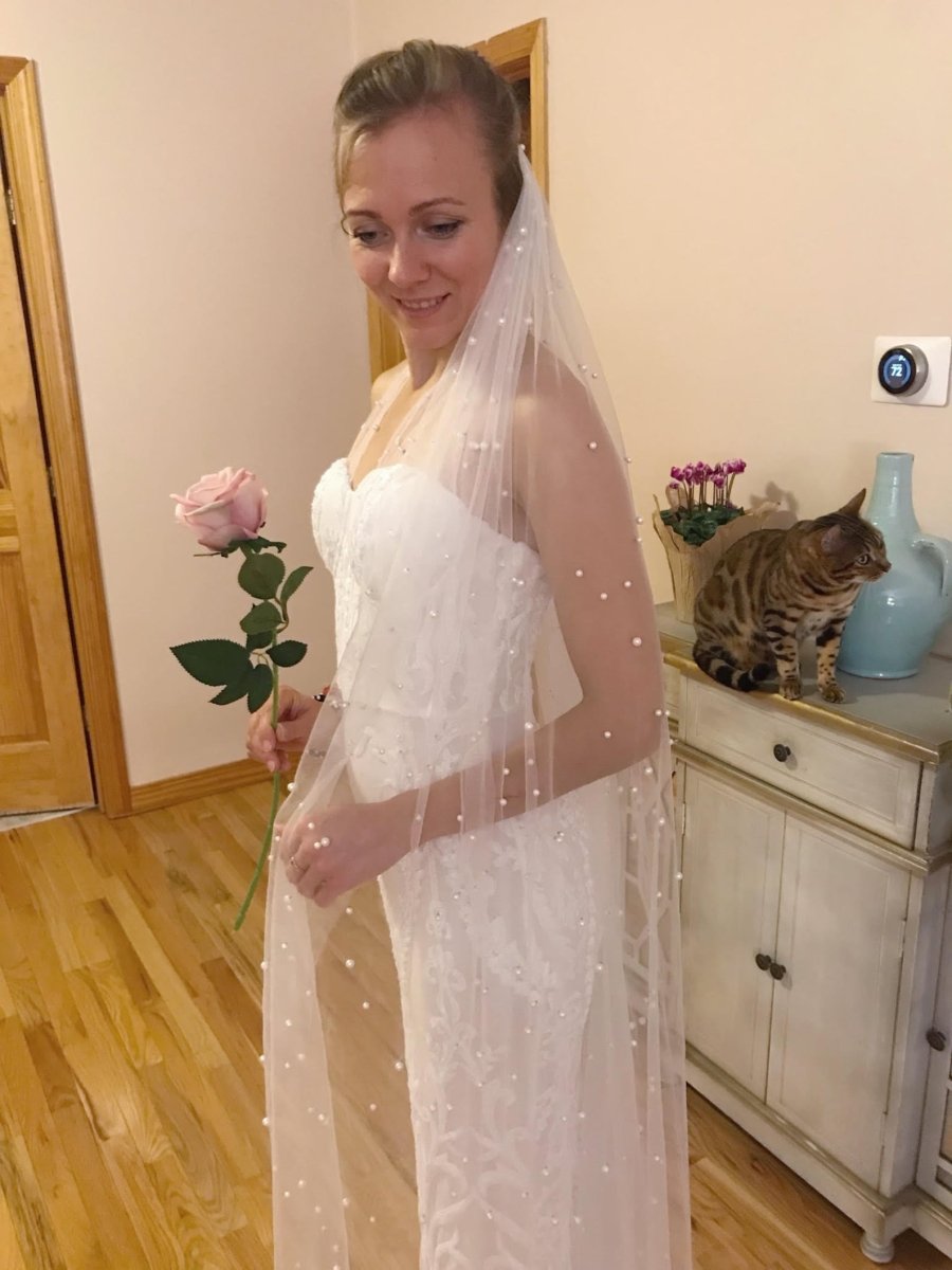 Vintage Lace Tulle Pearl Bridal Veil Wedding Veil - KissProm