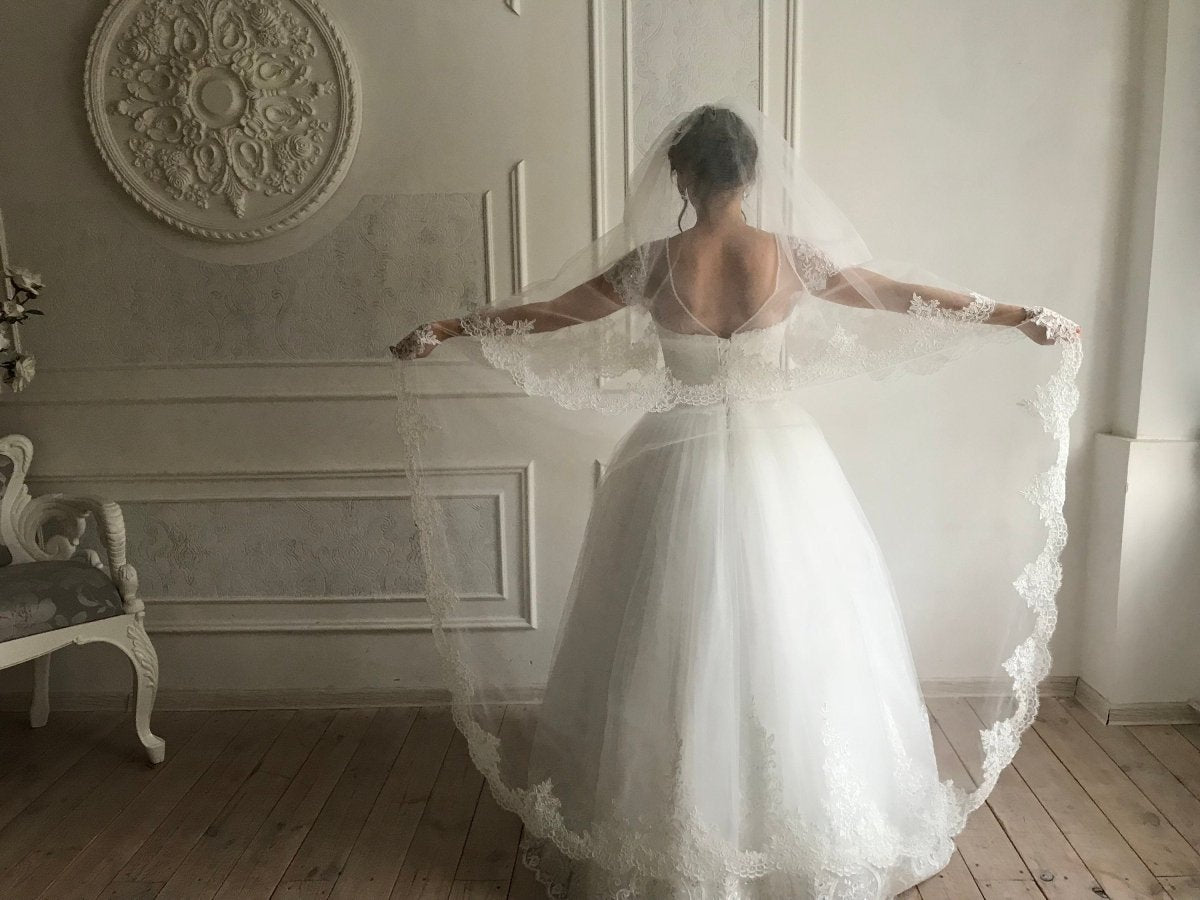 Vintage White Cathedral Lace Double Tiers Long Wedding veil - KissProm