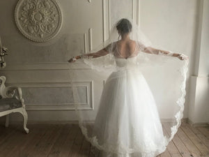 Vintage White Cathedral Lace Double Tiers Long Wedding veil - KissProm