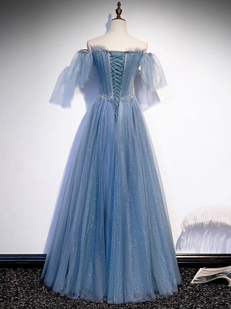 Off The Shoulder Tulle Flare Sleeves Beaded Sequin Prom Dresses Formal Evening Dresses, Blue / 10