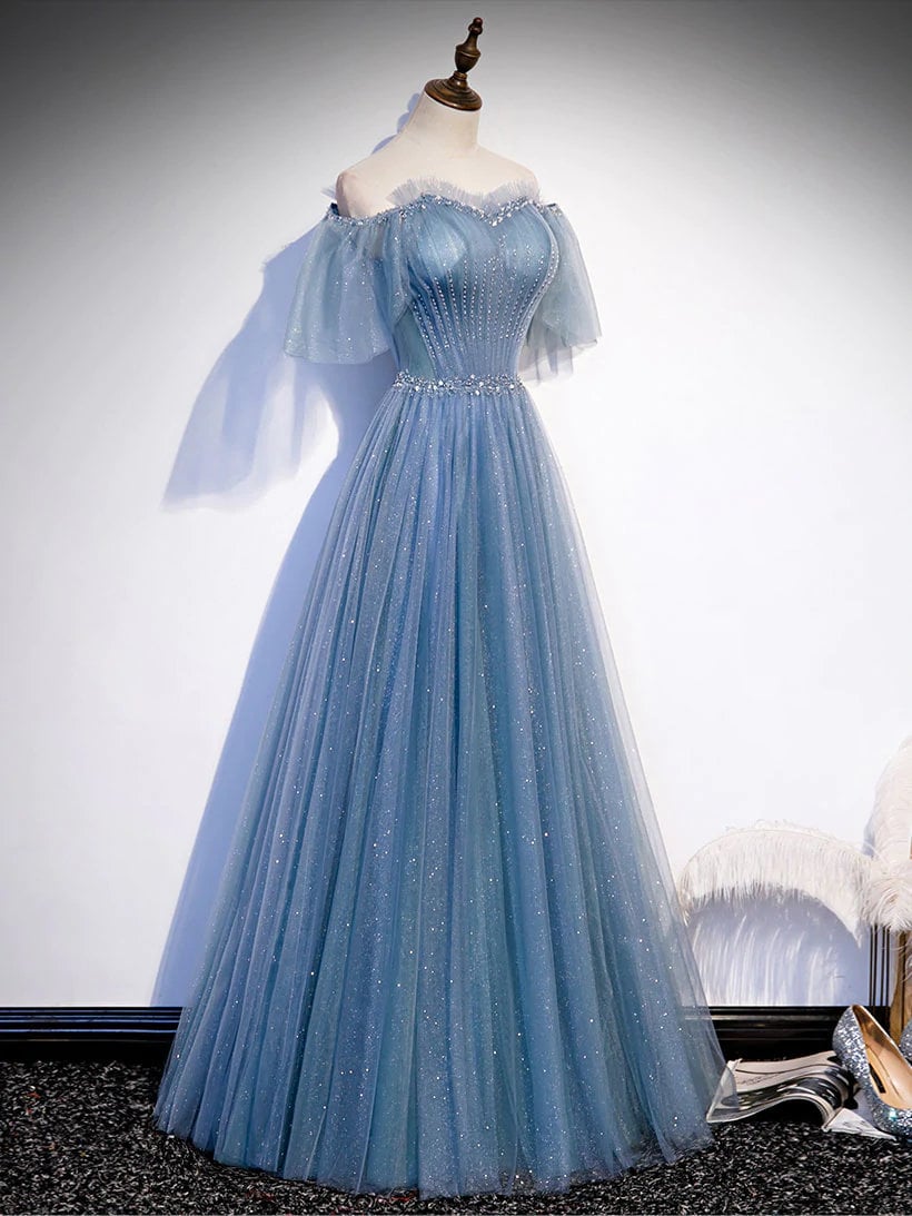 Off The Shoulder Tulle Flare Sleeves Beaded Sequin Prom Dresses Formal Evening Dresses, Blue / 10