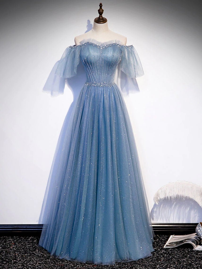 Off The Shoulder Tulle Flare Sleeves Beaded Sequin Prom Dresses Formal Evening Dresses, Blue / 10 Off The Shoulder Tulle Flare Sleeves Beaded Sequin Prom Dresses Formal Evening Dresses, Blue / 10