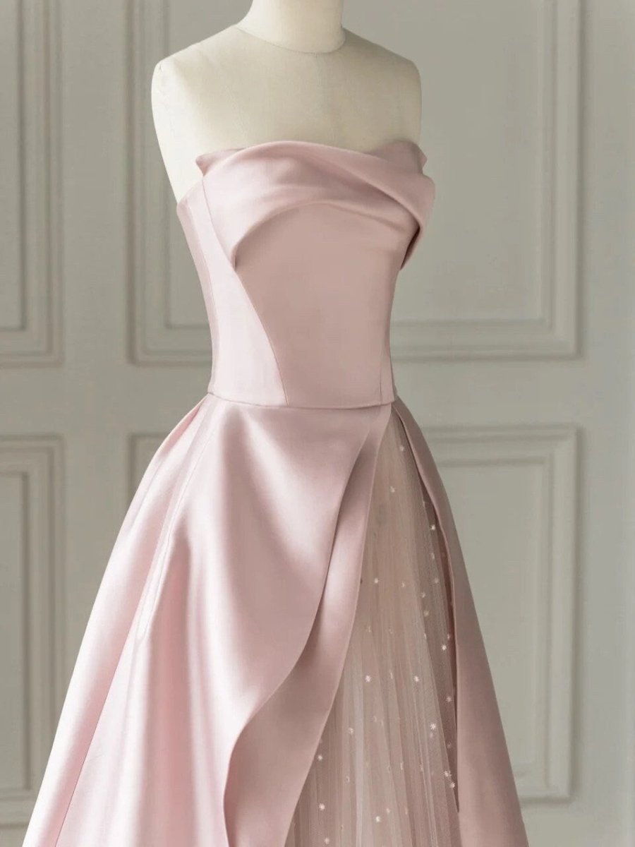 Pink Satin A-Line Floor-Length Evening Gown with Slit Strapless Prom D Pink Satin A-Line Floor-Length Evening Gown with Slit Strapless Prom D