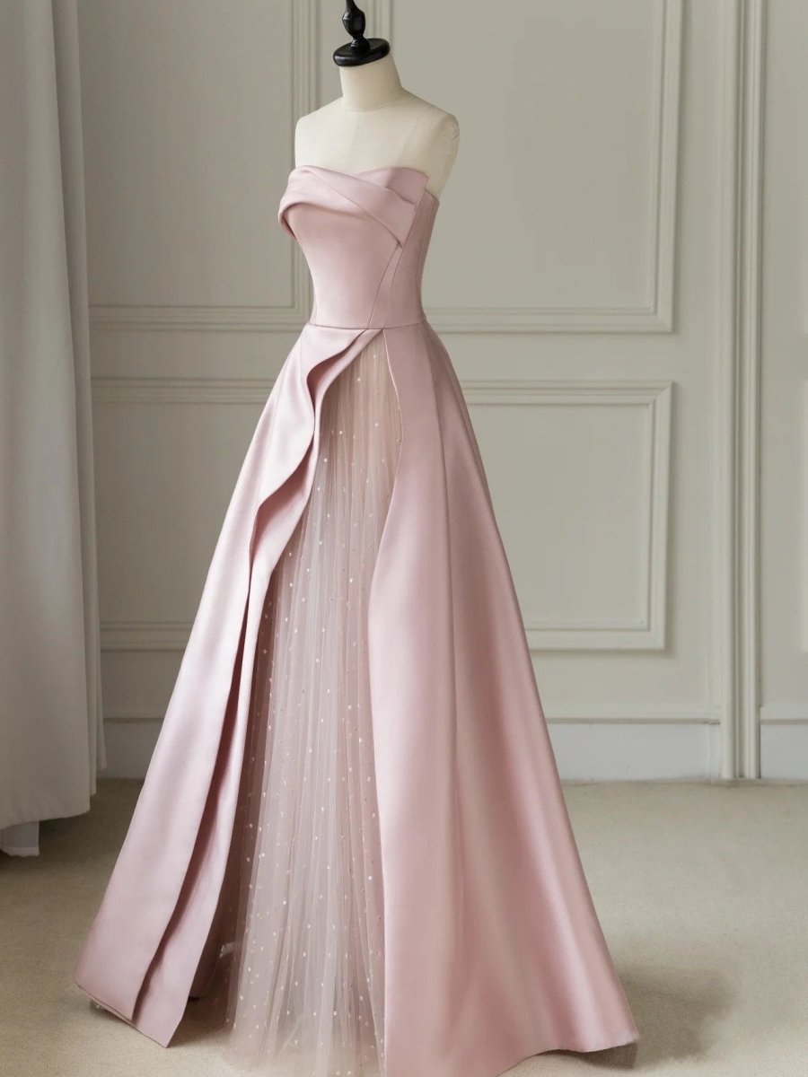 Pink Satin A-Line Floor-Length Evening Gown with Slit Strapless Prom D
