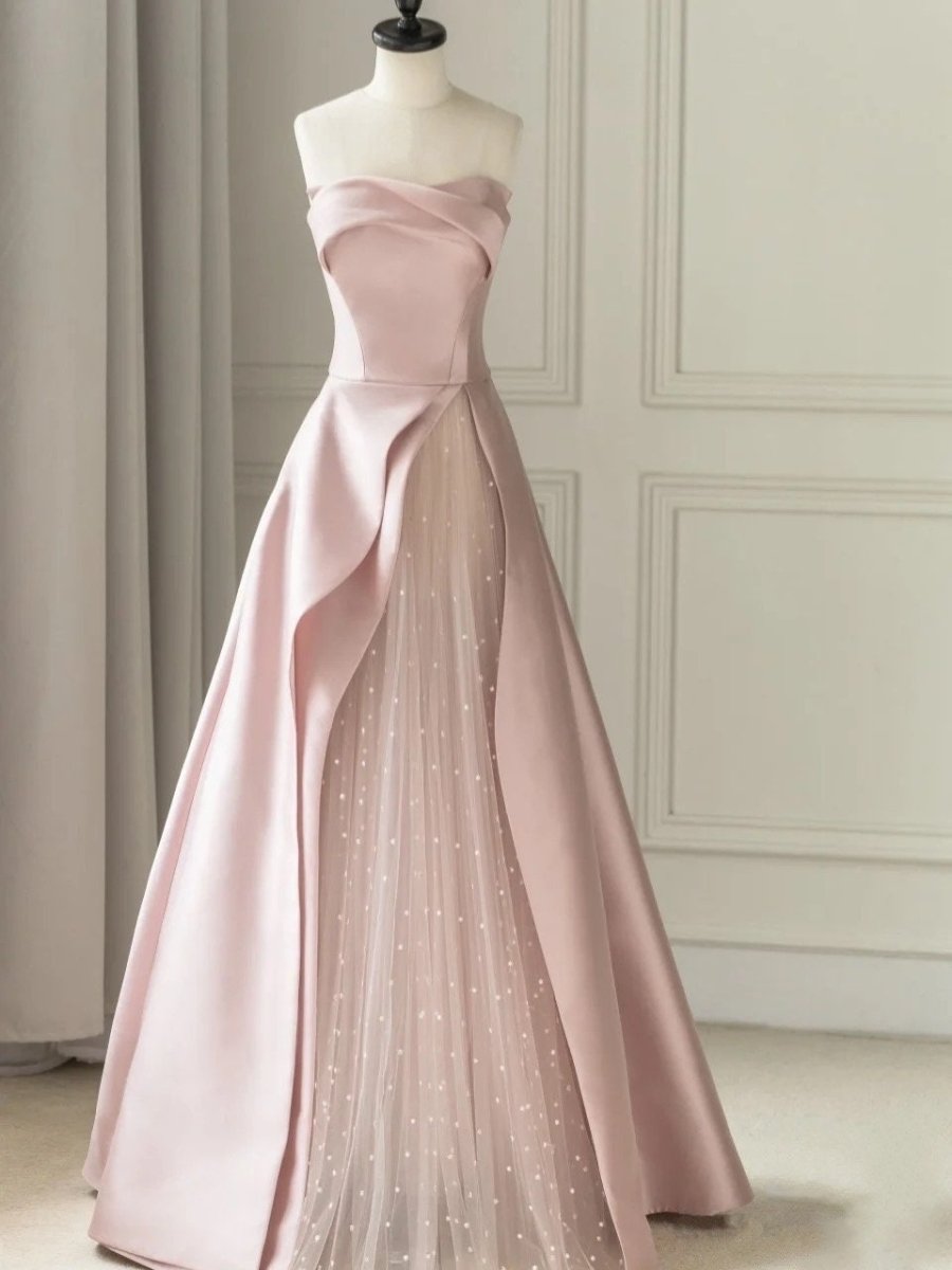 pink evening dress Pink Satin A-Line Floor-Length Evening Gown with Slit Strapless Prom D