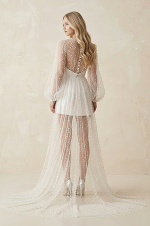 Illusion A - Line Long Sleeves Mini Wedding Dress With Beaded in White - KissProm Wedding Dresses