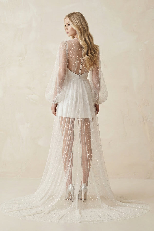 Illusion A - Line Long Sleeves Mini Wedding Dress With Beaded in White - KissProm Wedding Dresses
