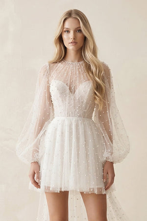 Illusion A - Line Long Sleeves Mini Wedding Dress With Beaded in White - KissProm Wedding Dresses