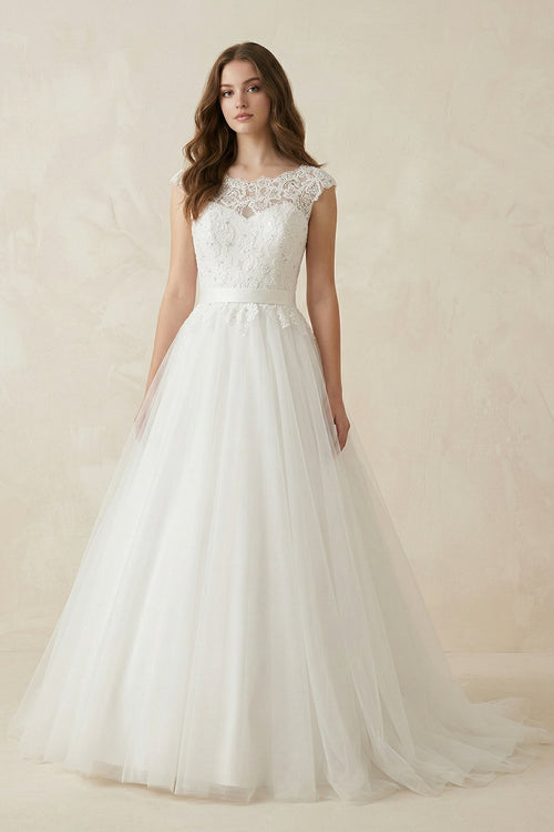 Illusion Neck A - Line Cap Sleeves Tulle Wedding Dress in White - KissProm Wedding Dresses
