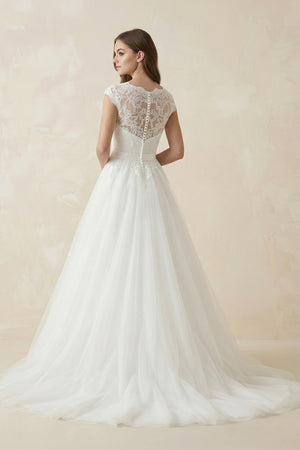 Illusion Neck A - Line Cap Sleeves Tulle Wedding Dress in White - KissProm Wedding Dresses