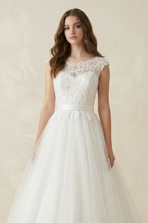 Illusion Neck A - Line Cap Sleeves Tulle Wedding Dress in White - KissProm Wedding Dresses