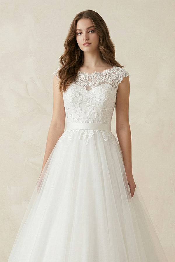 Illusion Neck A - Line Cap Sleeves Tulle Wedding Dress in White - KissProm Wedding Dresses