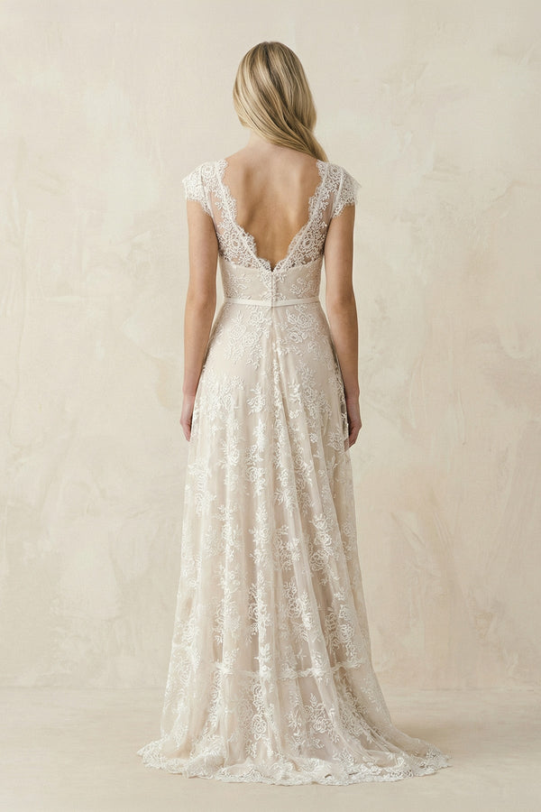 Illusion Neck A - Line Lace Ruched Wedding Dress in Ivory - KissProm Wedding Dresses