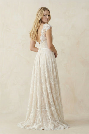 Illusion Neck A - Line Lace Ruched Wedding Dress in Ivory - KissProm Wedding Dresses