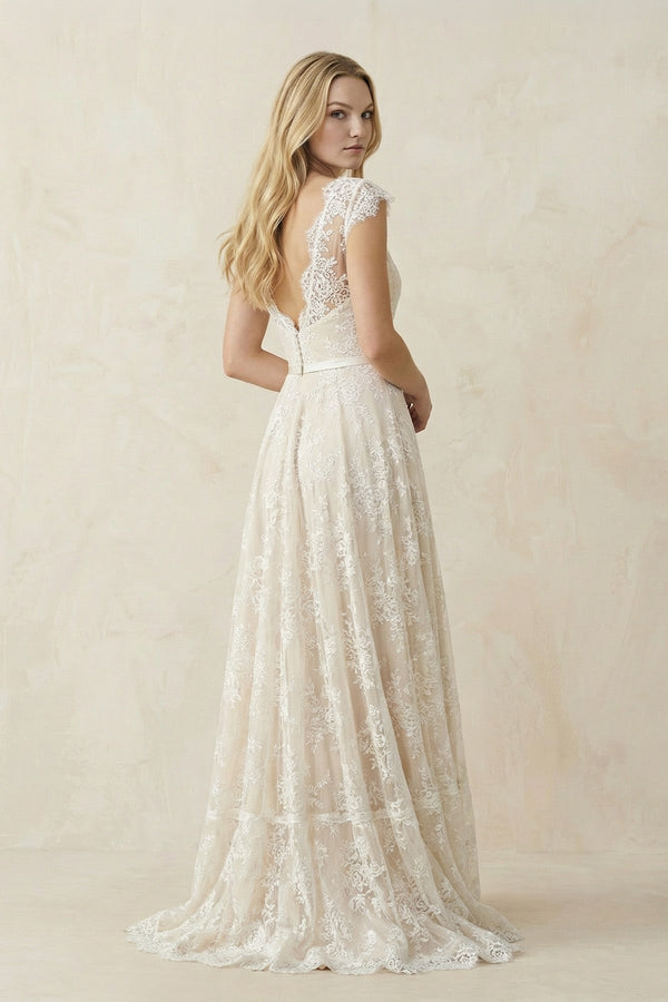 Illusion Neck A - Line Lace Ruched Wedding Dress in Ivory - KissProm Wedding Dresses
