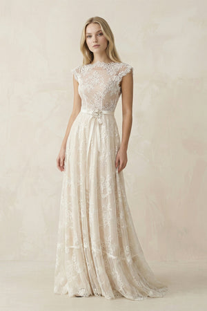 Illusion Neck A - Line Lace Ruched Wedding Dress in Ivory - KissProm Wedding Dresses