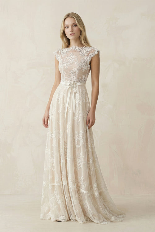 Illusion Neck A - Line Lace Ruched Wedding Dress in Ivory - KissProm Wedding Dresses