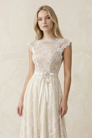 Illusion Neck A - Line Lace Ruched Wedding Dress in Ivory - KissProm Wedding Dresses