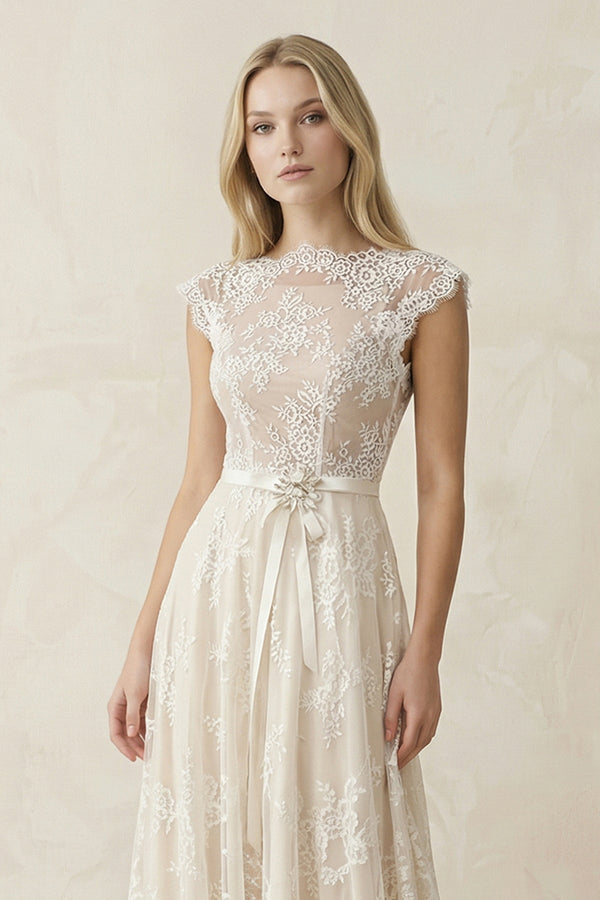 Illusion Neck A - Line Lace Ruched Wedding Dress in Ivory - KissProm Wedding Dresses