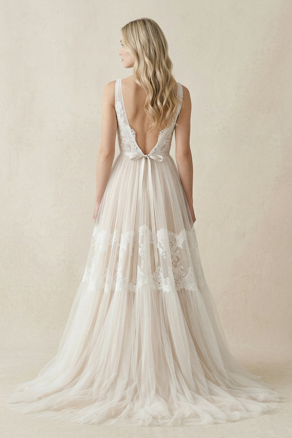 Illusion Neck A - Line Lace Wedding Dress in Ivory - KissProm Wedding Dresses