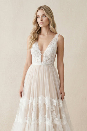 Illusion Neck A - Line Lace Wedding Dress in Ivory - KissProm Wedding Dresses