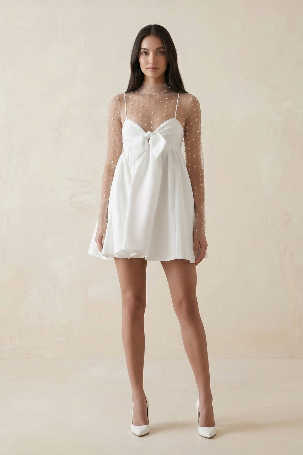 Illusion Neck A - Line Satin Bow Mini Wedding Dress With Pearl in White - KissProm Wedding Dresses
