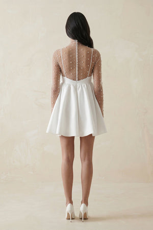 Illusion Neck A - Line Satin Bow Mini Wedding Dress With Pearl in White - KissProm Wedding Dresses