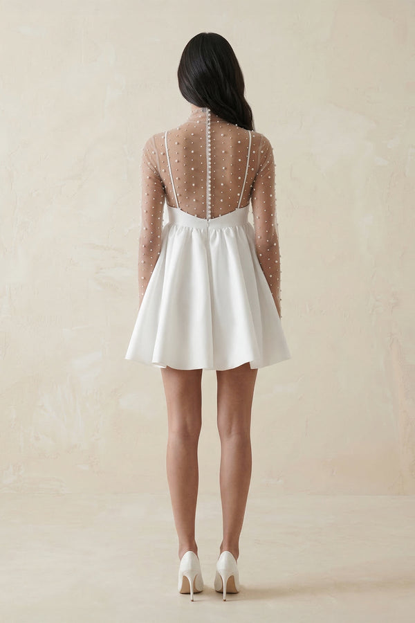 Illusion Neck A - Line Satin Bow Mini Wedding Dress With Pearl in White - KissProm Wedding Dresses
