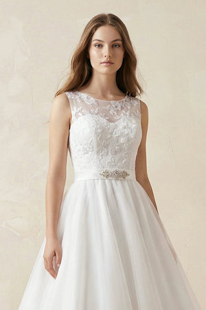 Illusion Neck A - Line Tulle Appliqued Midi Wedding Dress With Bow in White - KissProm Wedding Dresses