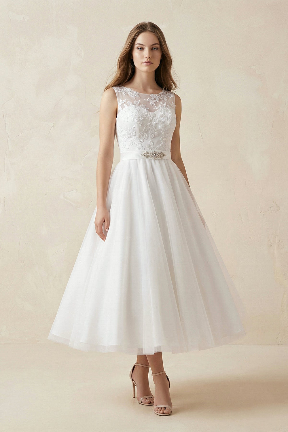 Illusion Neck A - Line Tulle Appliqued Midi Wedding Dress With Bow in White - KissProm Wedding Dresses